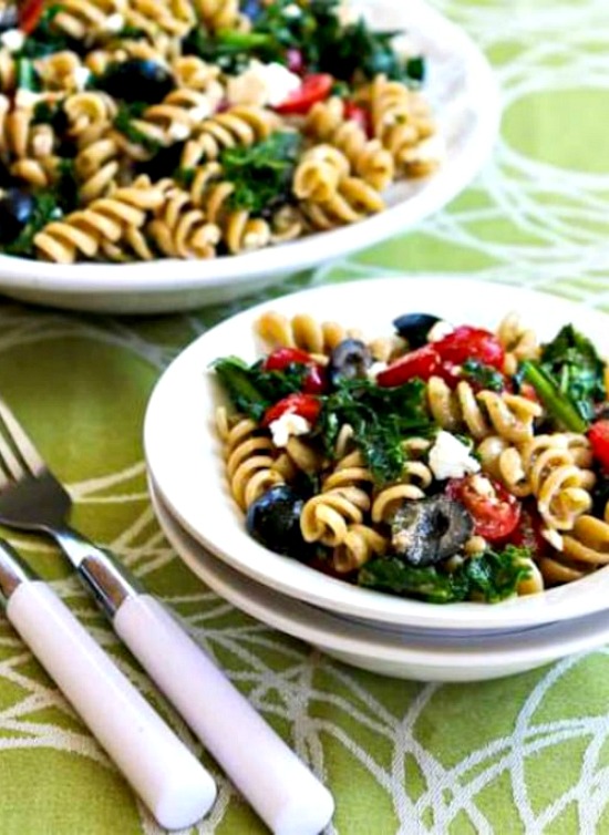 Whole Wheat Pasta Salad with Fried Kale, Tomatoes, Olives, Feta, and Pesto Vinaigrette found on KalynsKitchen.com