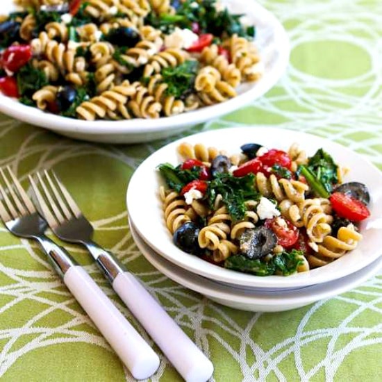 Whole Wheat Pasta Salad with Fried Kale, Tomatoes, Olives, Feta, and Pesto Vinaigrette found on KalynsKitchen.com