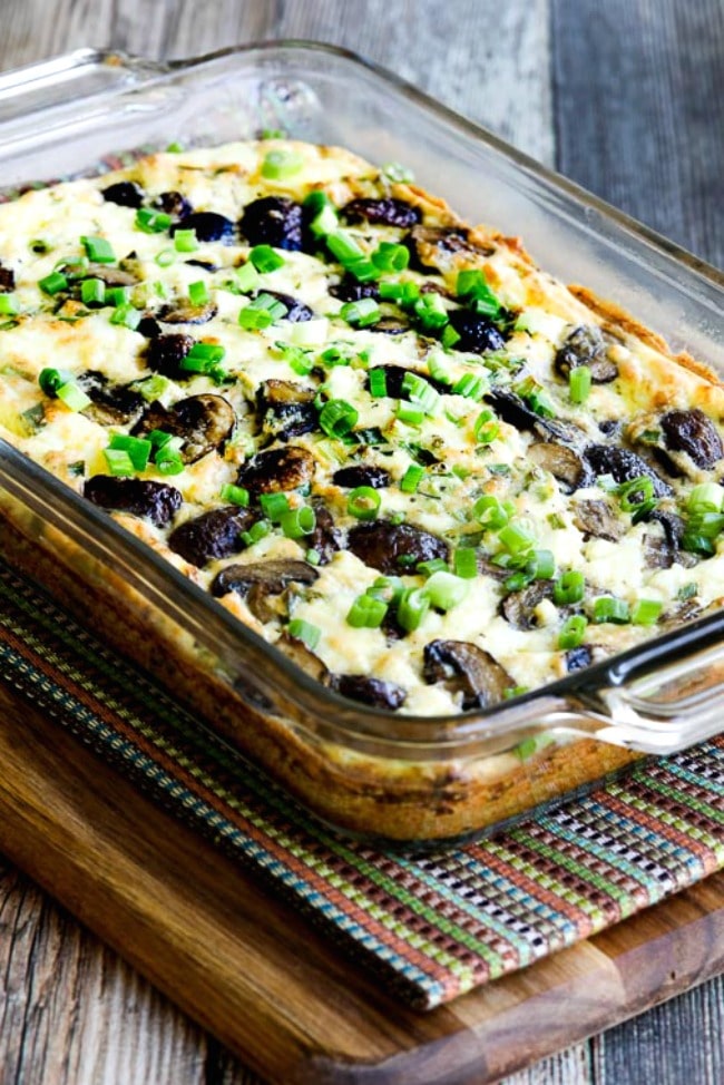 Mushroom and Feta Breakfast Casserole finished casserole in baking dish