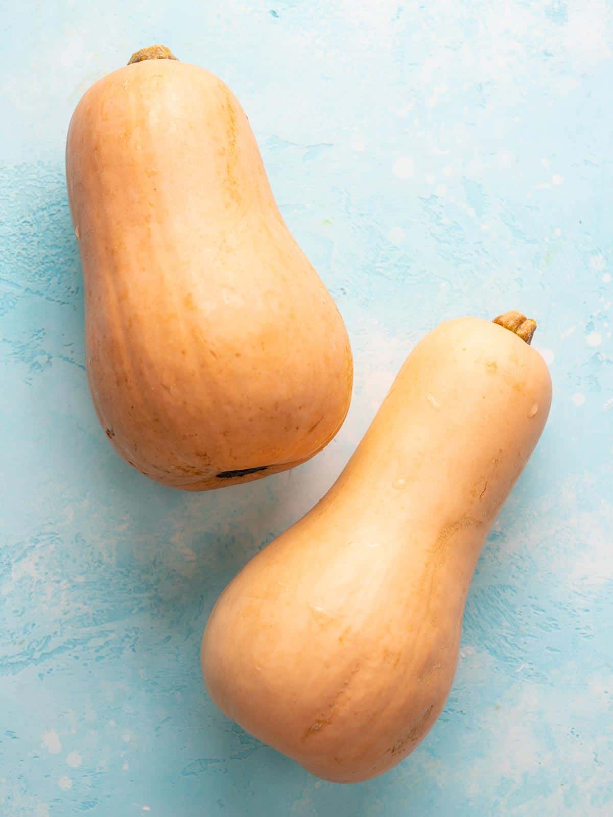 Two whole butternut squashes on a blue background.