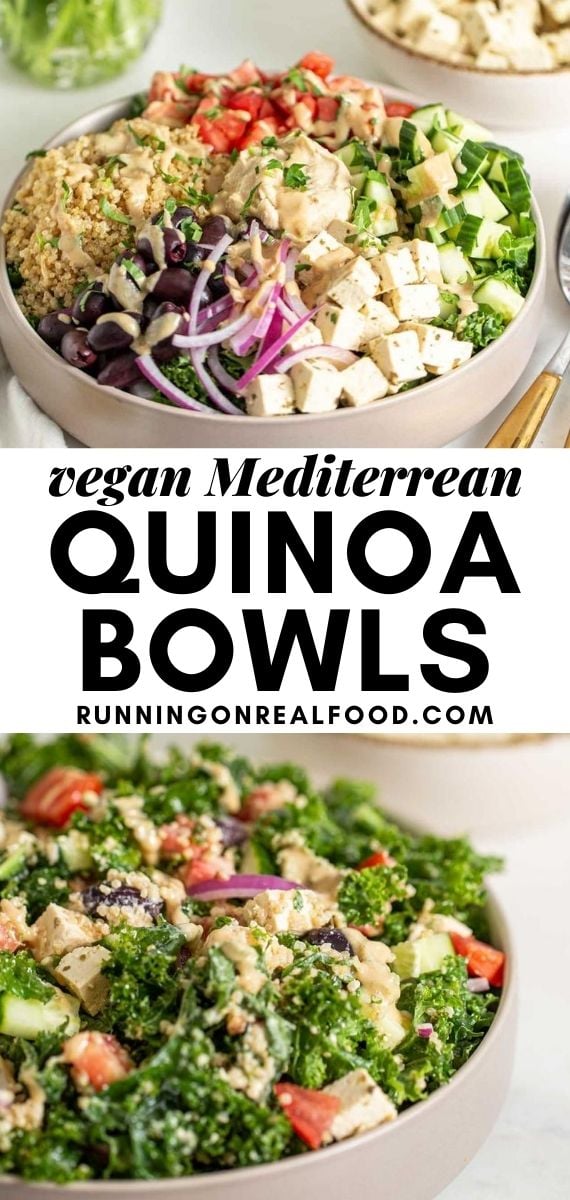 Pinterest graphic with an image and text for Mediterranean quinoa bowls.