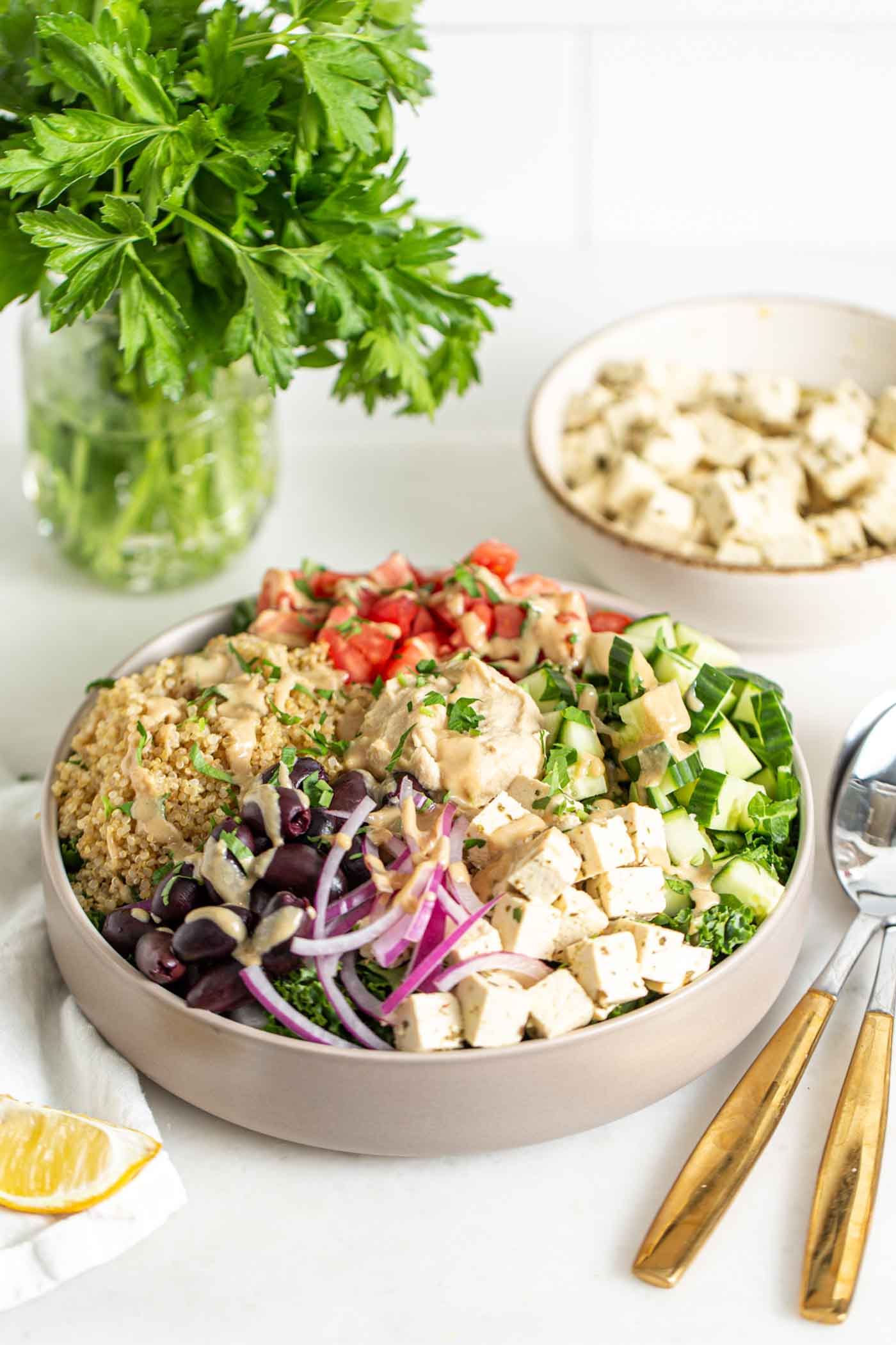 Colorful bowl of quinoa, chopped tomato and peppers, red onion, olives and tofu.