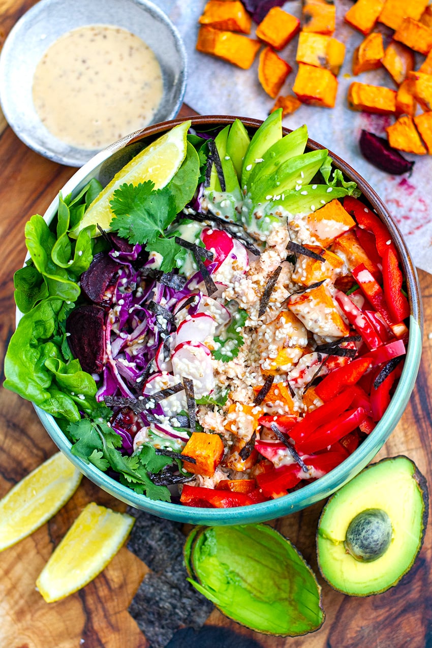 Rainbow Salad Power Bowl With Salmon Sesame Dressing - gmedia