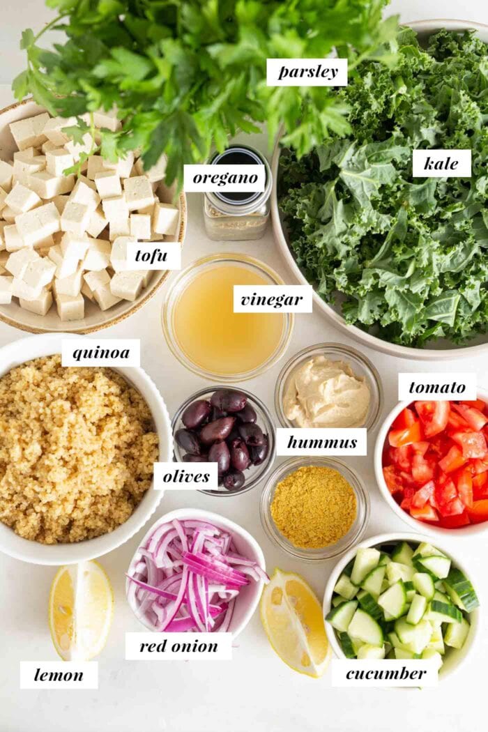 Labelled list of ingredients for a Mediterranean quinoa salad bowl with olives and hummus.