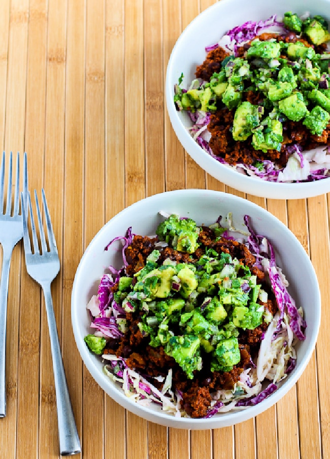 Turkey and Black Bean Mexican Cabbage Bowl finished bowls ready to eat