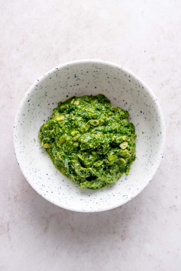 Pesto sauce in a bowl.