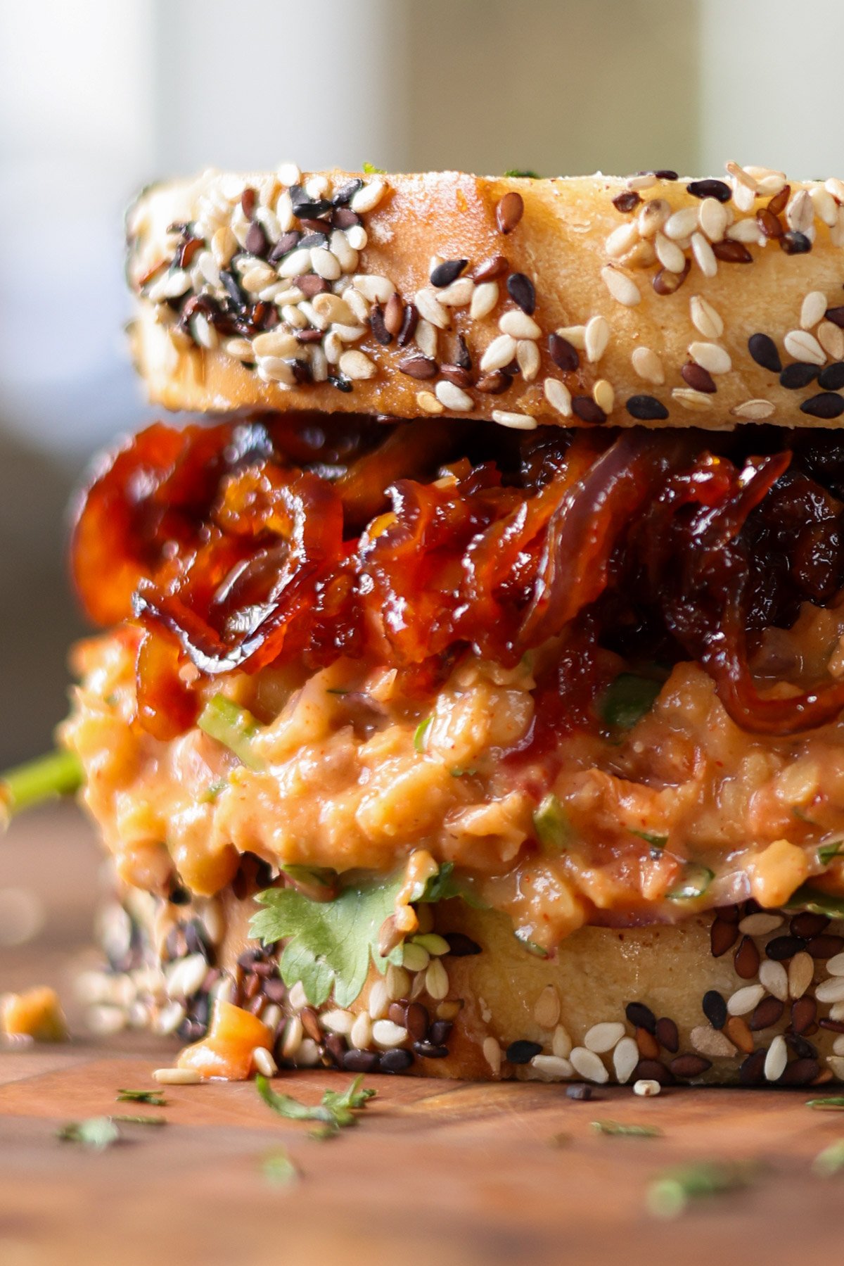 close-up of the gochujang chickpea salad sandwich