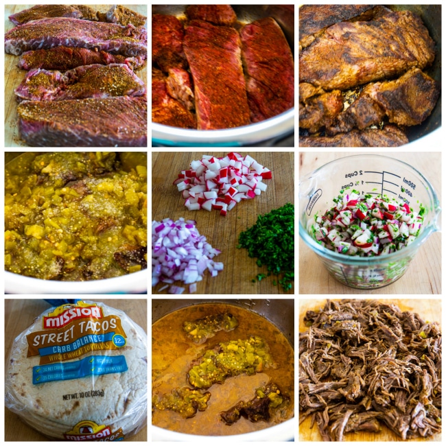 Process photo collage for Instant Pot Low-Carb Spicy Shredded Beef Street Tacos