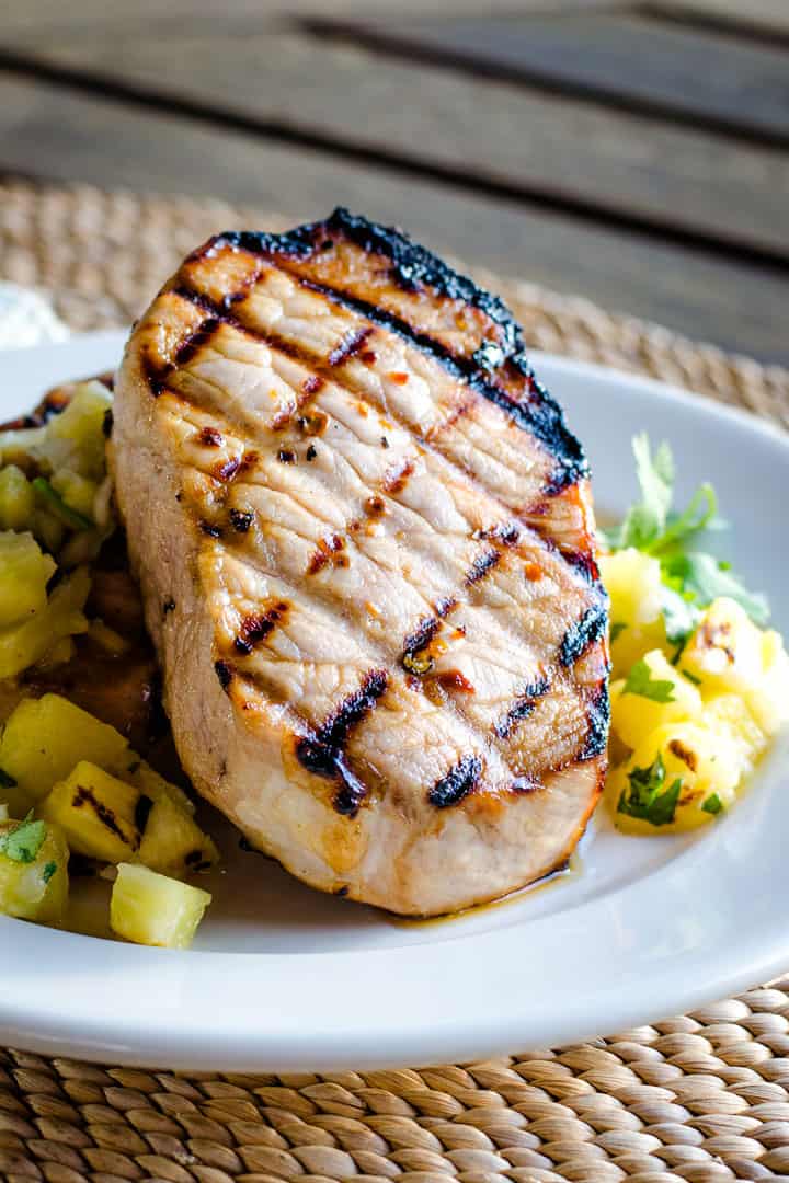 Grilled boneless pork chop with pineapple salsa