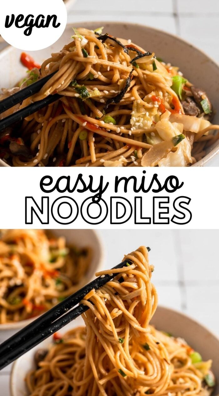 Pinterest graphic with an image and text for miso noodles.