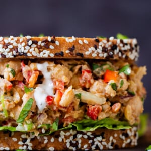 close-up of the cajun chickpea salad sandwich, so you can really see the creamy texture