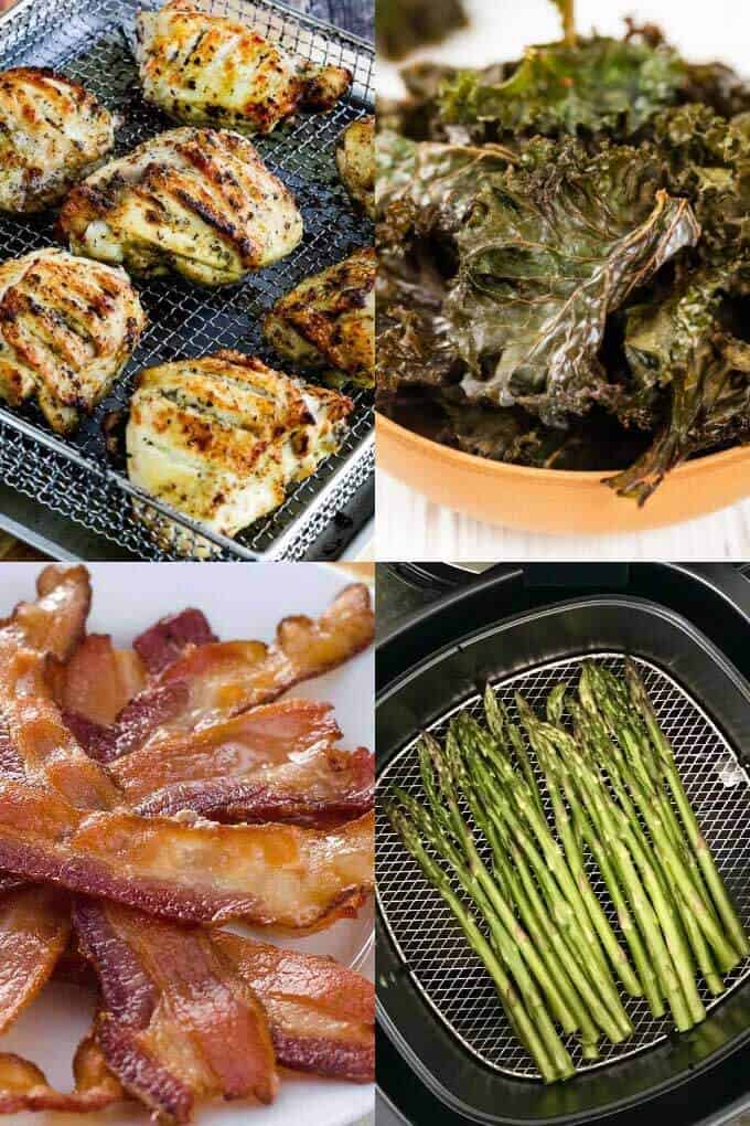 Keto air fryer recipes - chicken thighs, bacon, kale chips, asparagus