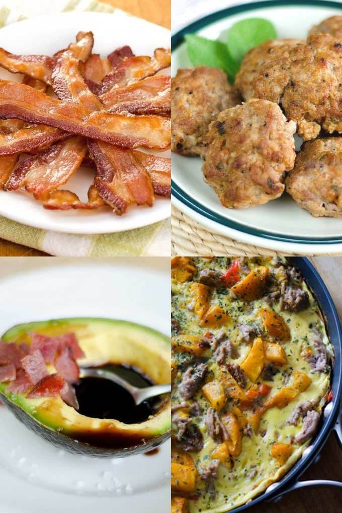 Keto breakfast ideas - bacon, sausage, avocado, frittatta