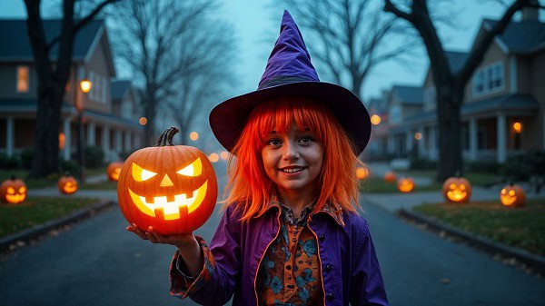 A girl in a witch's costume celebrating Halloween.