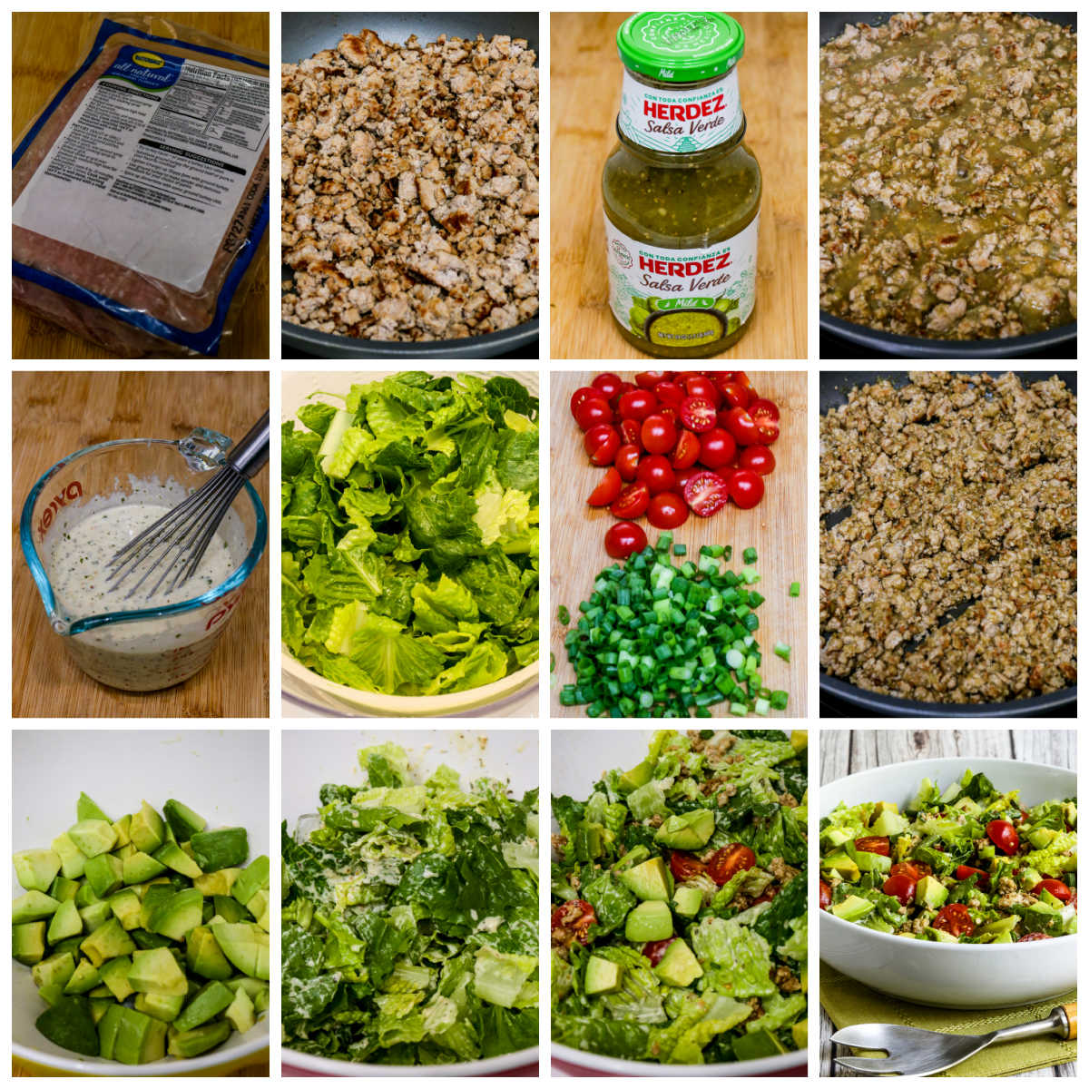 Process shots collage for Ground Turkey Taco Salad with Salsa Verde.