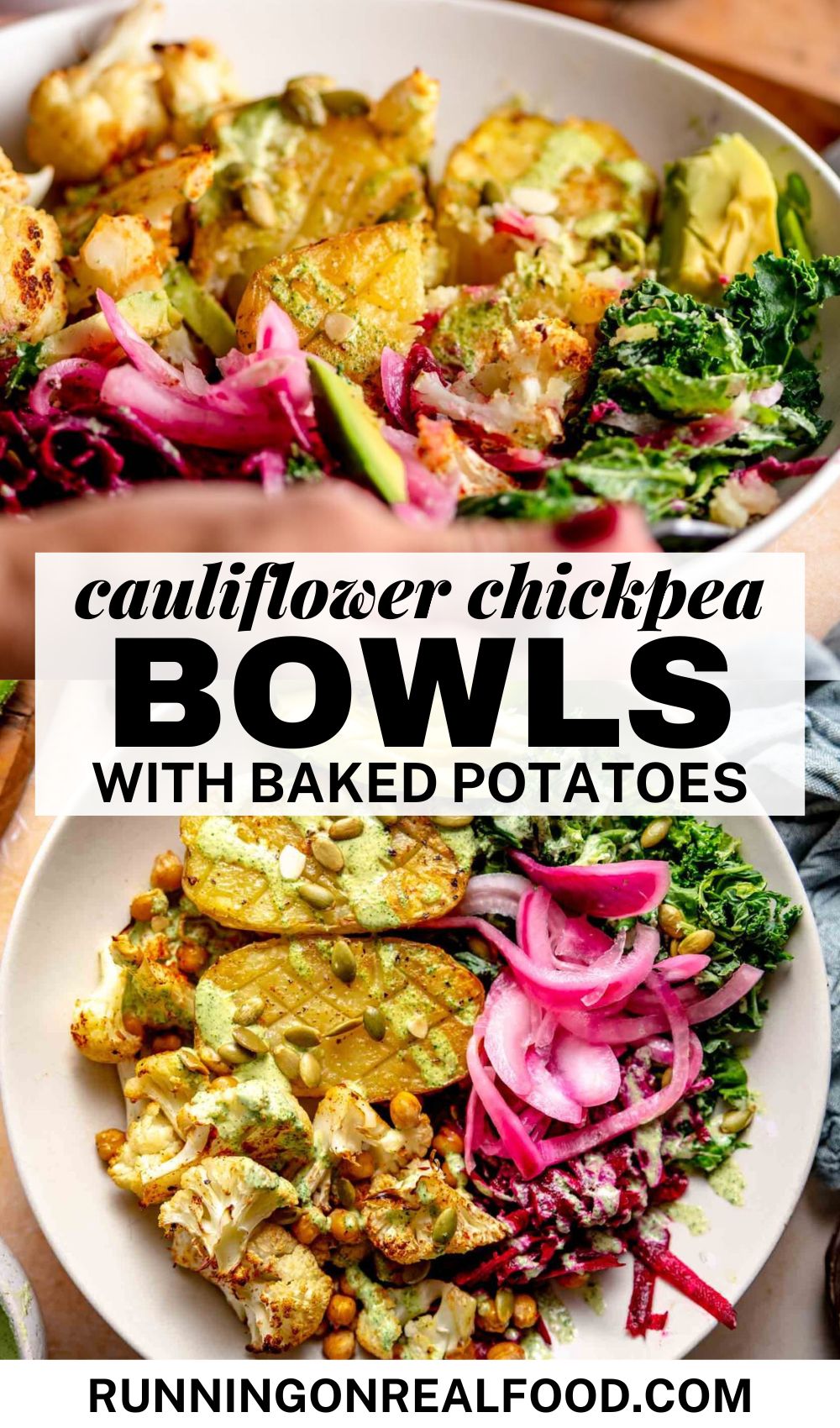 Two images of a bowl with potatoes, pickled onions, cauliflower, and chickpeas with a green sauce. In between the images, there is text that reads 