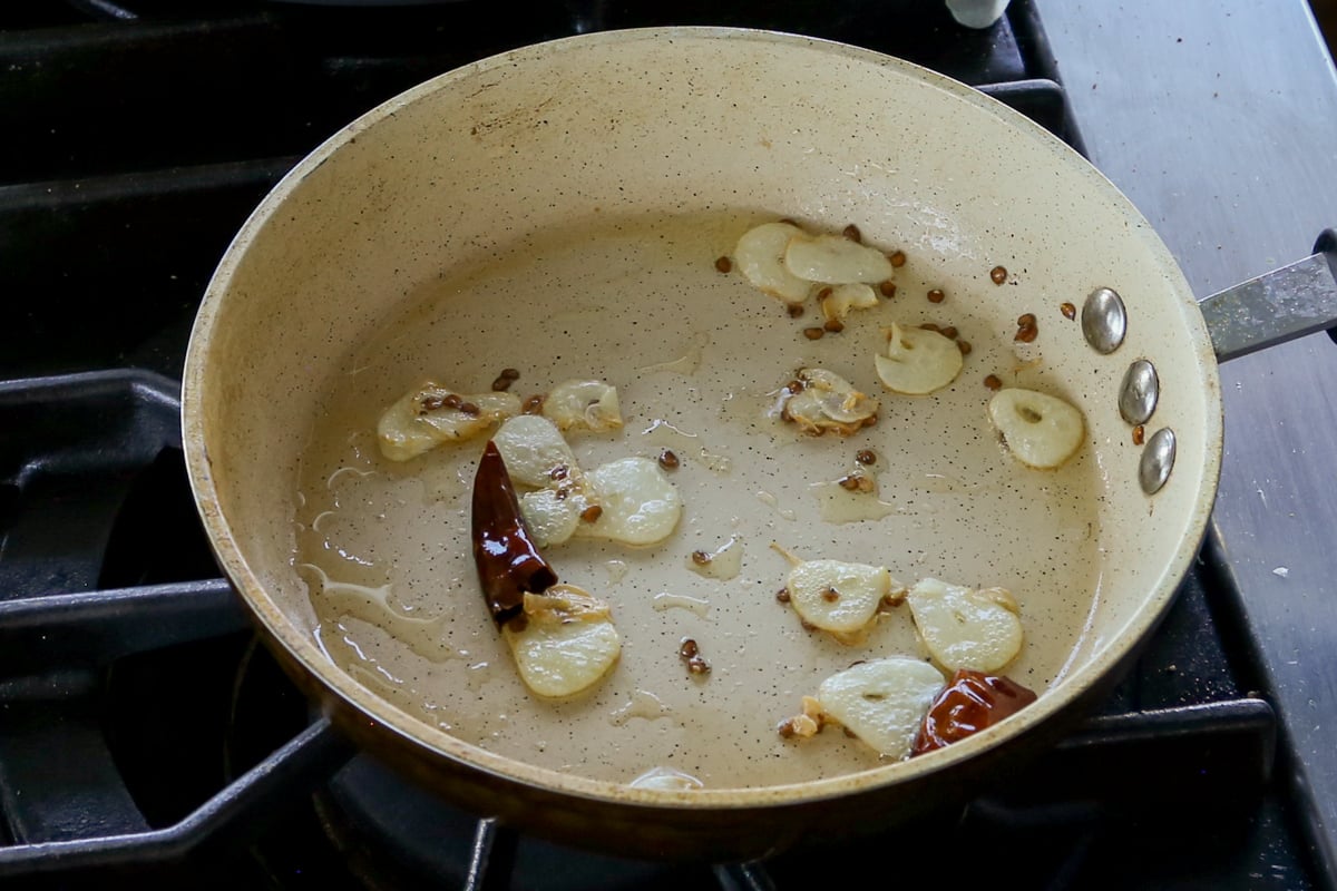 garlic chili tarka in the pan after cooking