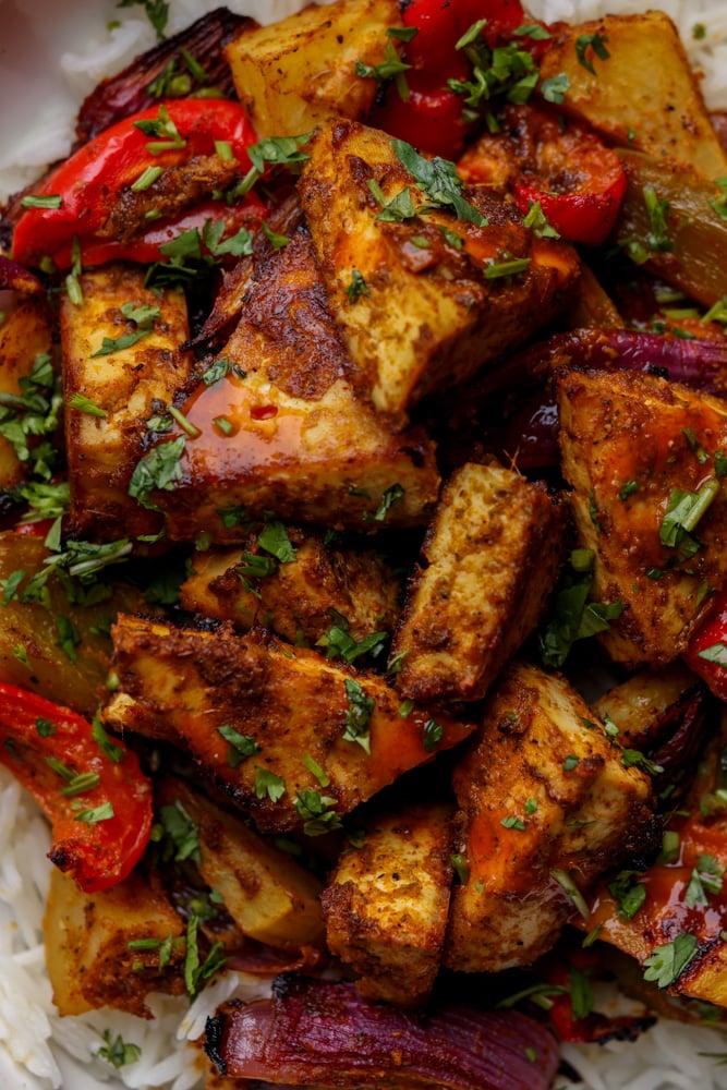 close-up of tofu tray bake with vegetables