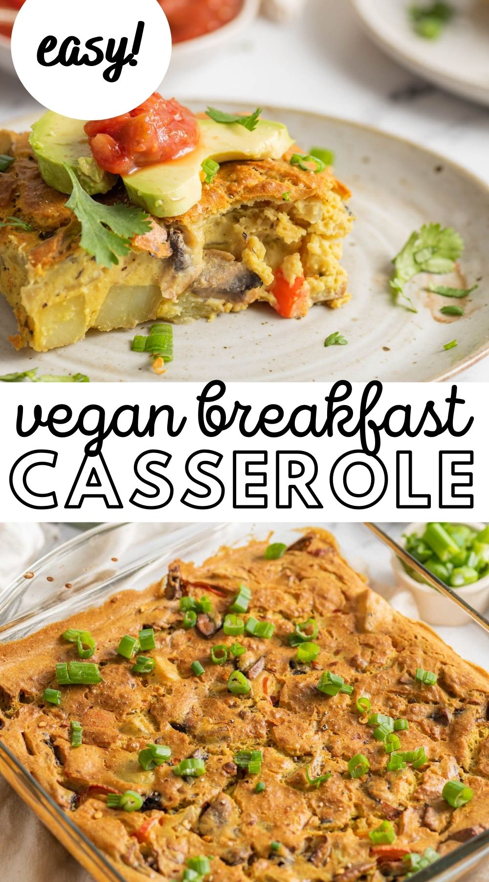 Pinterest graphic with an image and text for vegan breakfast casserole recipe.