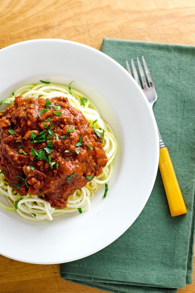 Zucchini noodles with Whole30 slow cooker turkey Bolognese sauce