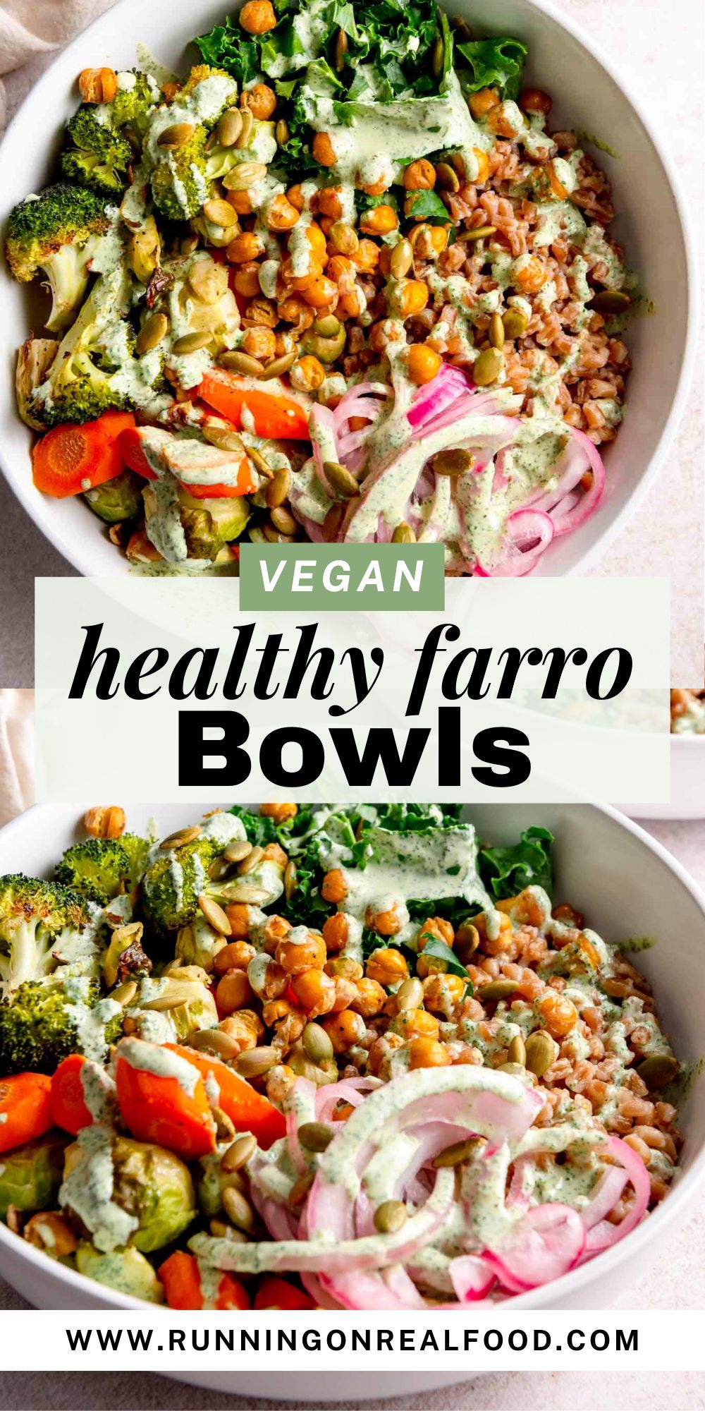 Pinterest graphic for vegan farro bowls with images of the bowls and a text title.