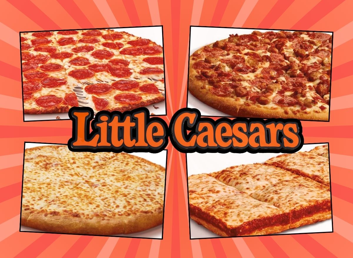 Photos of pizza from Little Caesar's on a red background