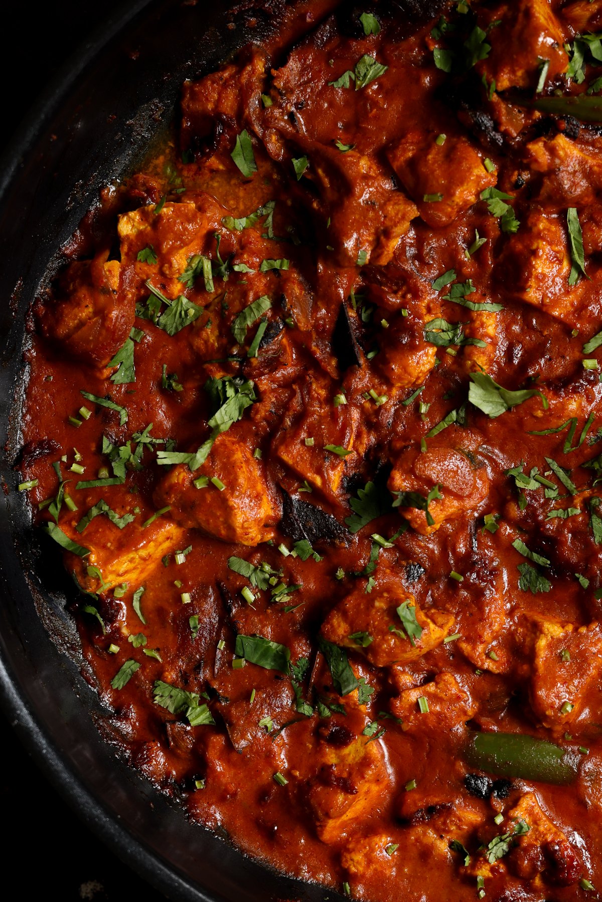 close-up of kosha mangsho in the pan