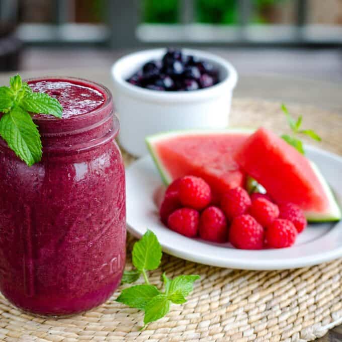 Watermelon smoothie with blueberry, raspberry, watermelon, mint