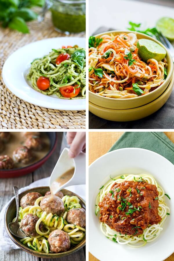 Spiralized zucchini pasta pesto, zoodles and meatballs, spiralized carrot celery root salad, zucchini noodles Bolognese