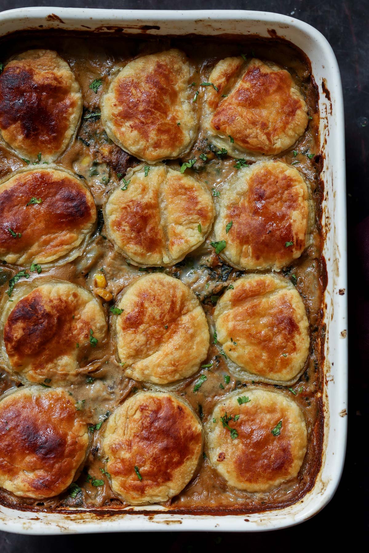 close-up of masala vegetable pot pie in the baking dish