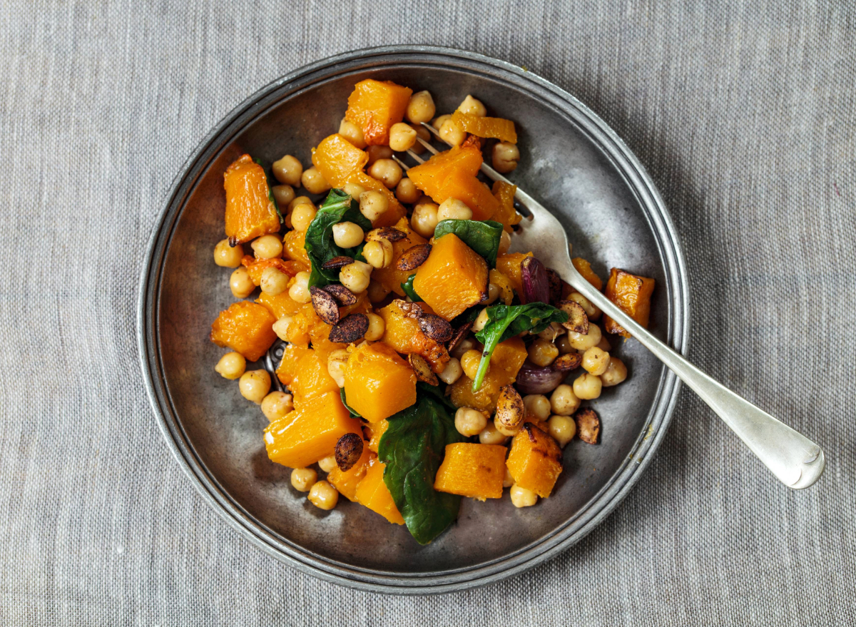 roasted butternut squash chickpea salad on plate