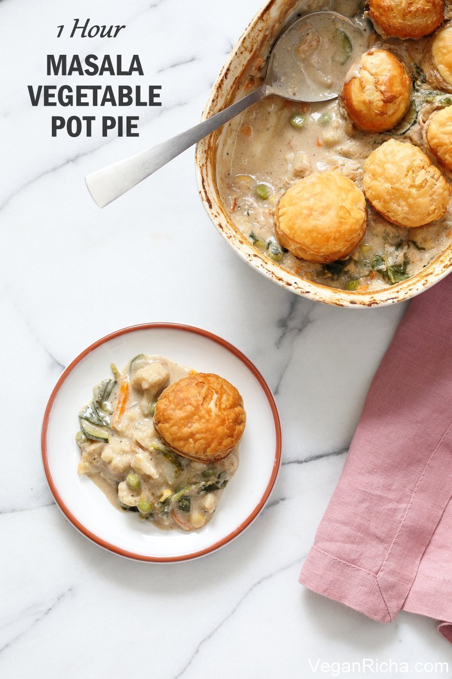 1 Hour Masala Vegetable Pot Pie. This Vegan Pot Pie is amped up with garam masala and spices. Use up seasonal veggies to make this vegetarian pot pie. Top with biscuits, puff pastry or serve as is with garlic bread or rice. Vegan Soy-free Recipe, Gluten-free option | veganricha.com