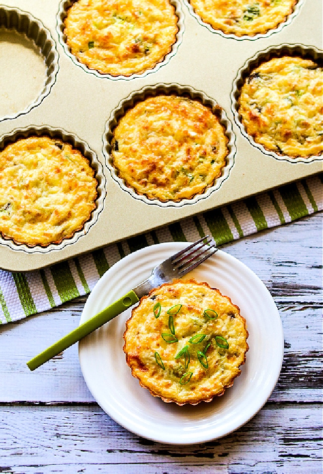 Crustless Breakfast Tarts with Mushrooms showing finished tarts on plate and in baking pan