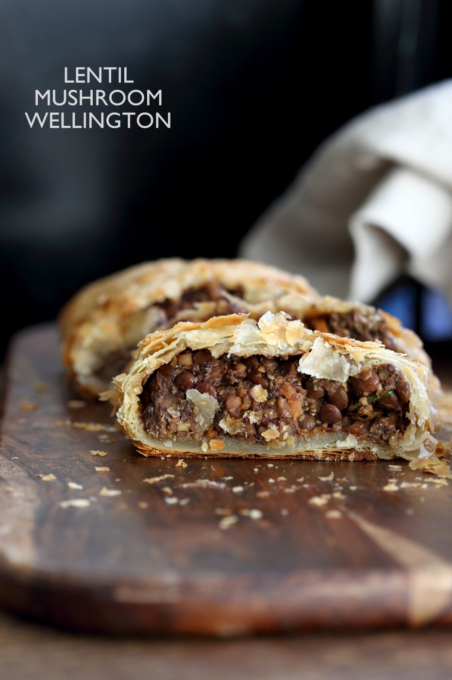 Mushroom lentil Wellington. Easy Vegan Wellington for the Holidays and potlucks. Puff pastry wrapped lentil walnut mushroom loaf.  Vegan Recipe. Make into a loaf to make gluten-free. #vegan #veganricha