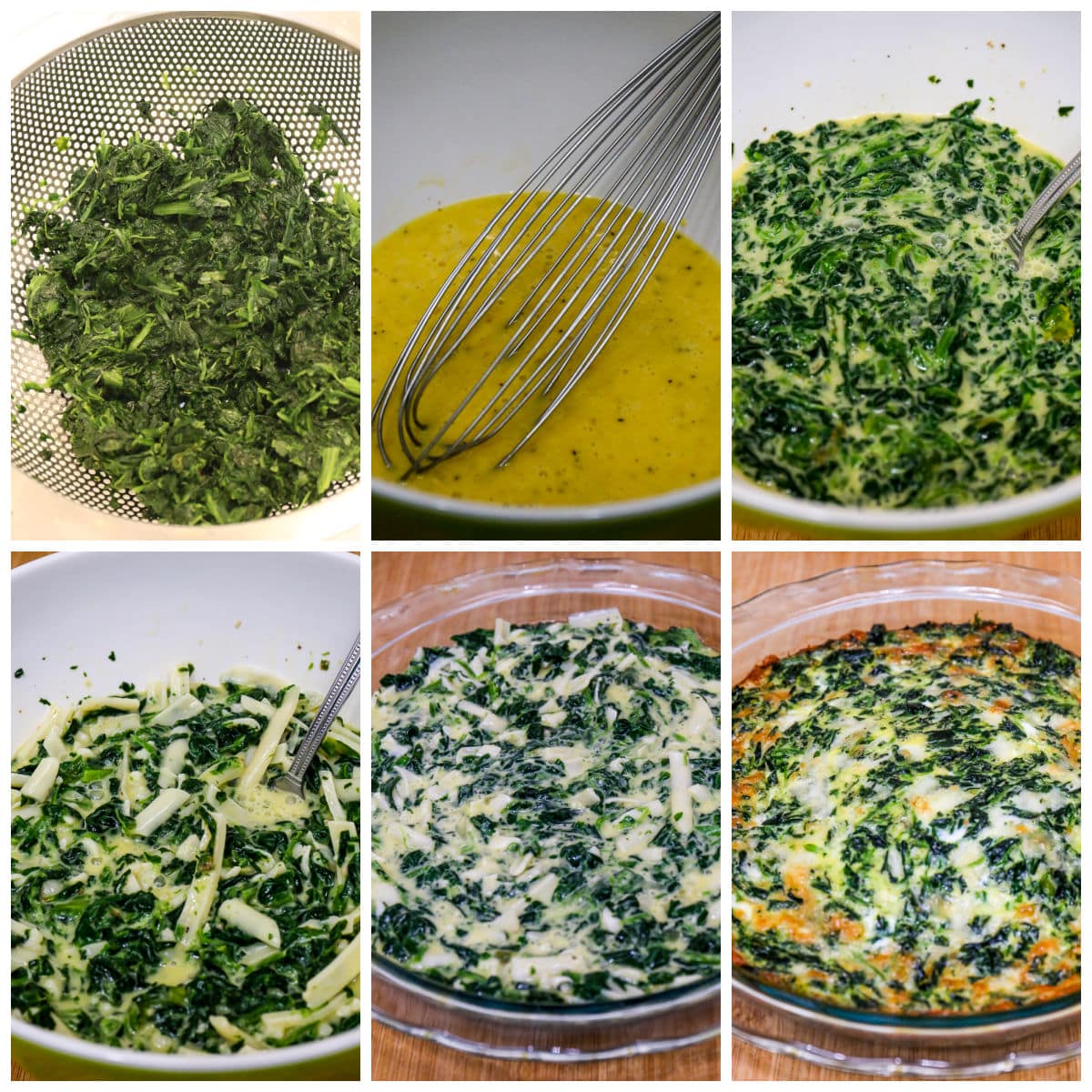 Process shots collage photo for Crustless Spinach Quiche.