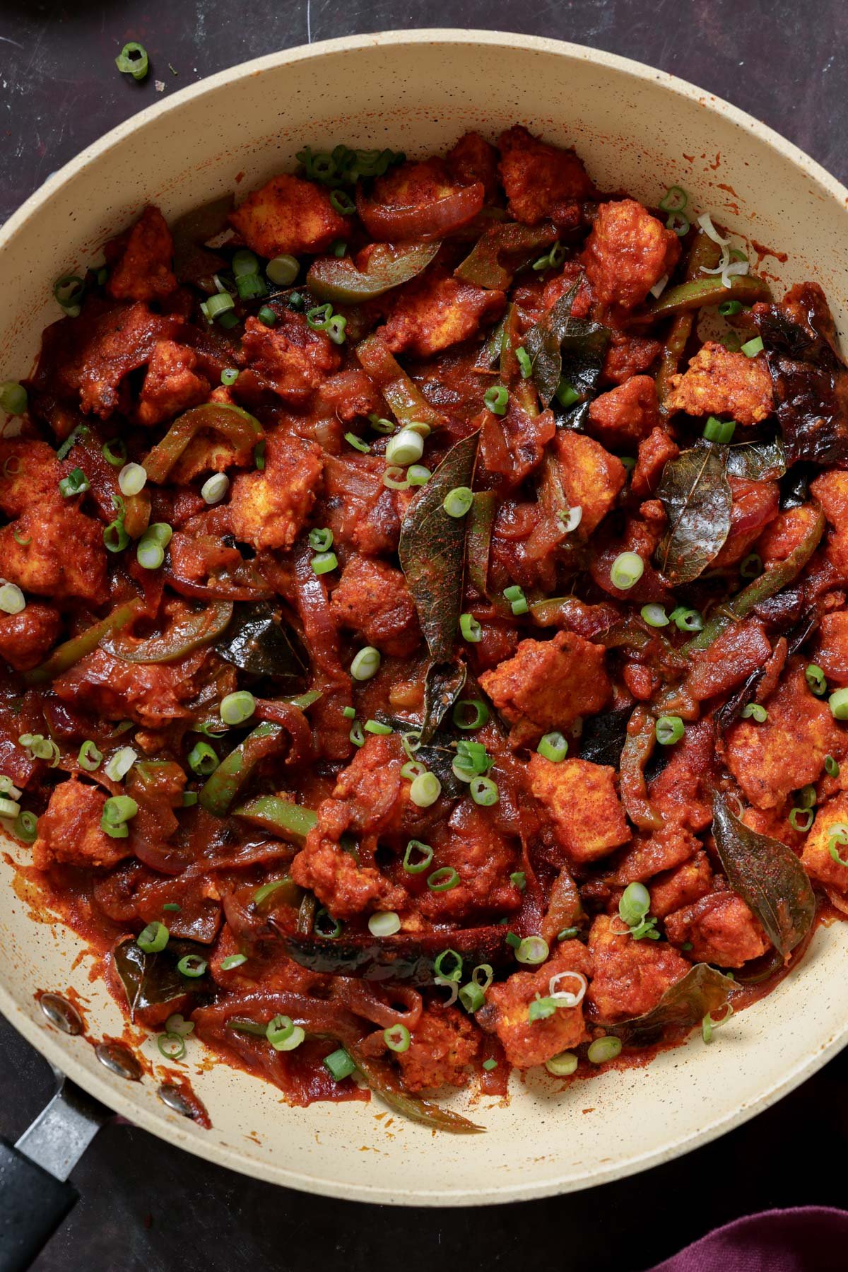 tofu kondattam in the pan after cooking and adding garnishes