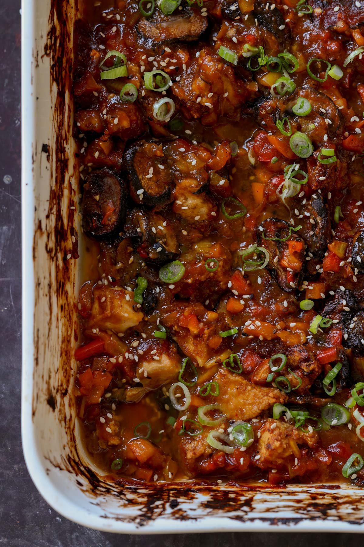 close-up of baked mushroom tofu stir fry in the pan after baking