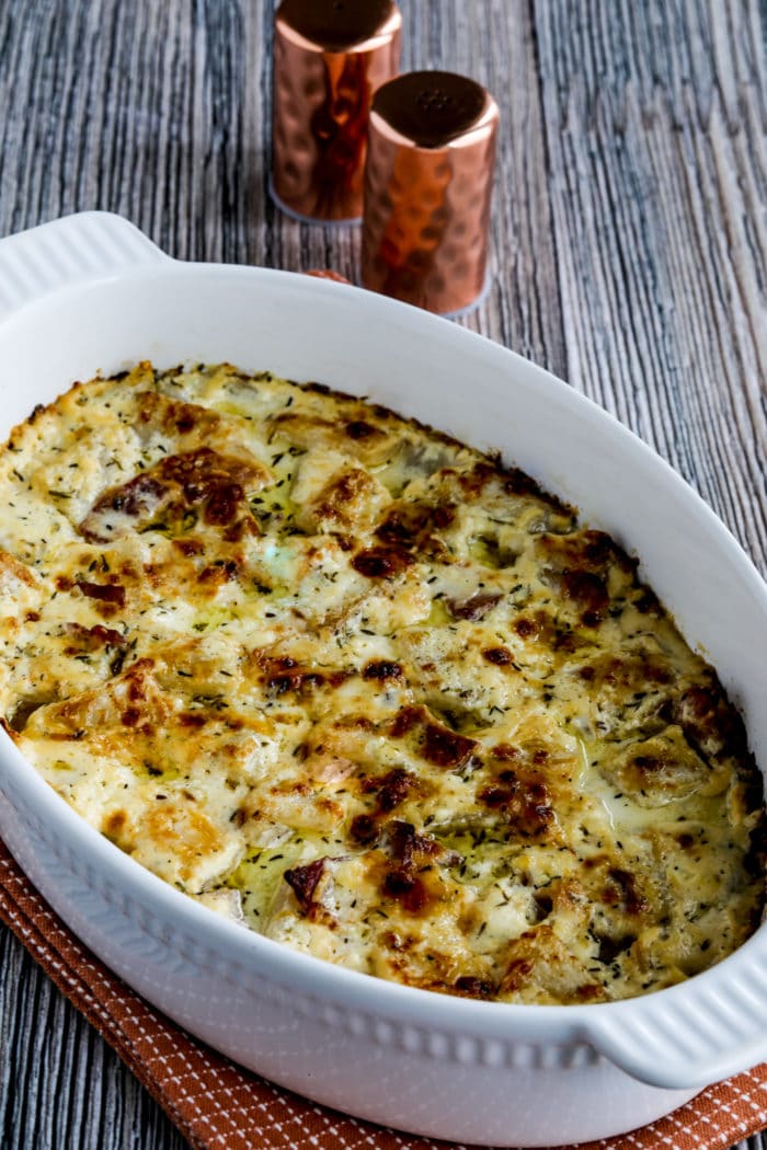 Turnip Gratin with Bacon shown in baking dish