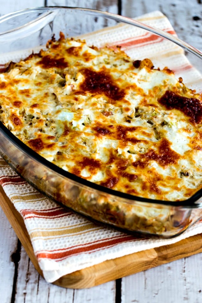 Twice-Cooked Cabbage with Sour Cream and Bacon finished dish in baking dish