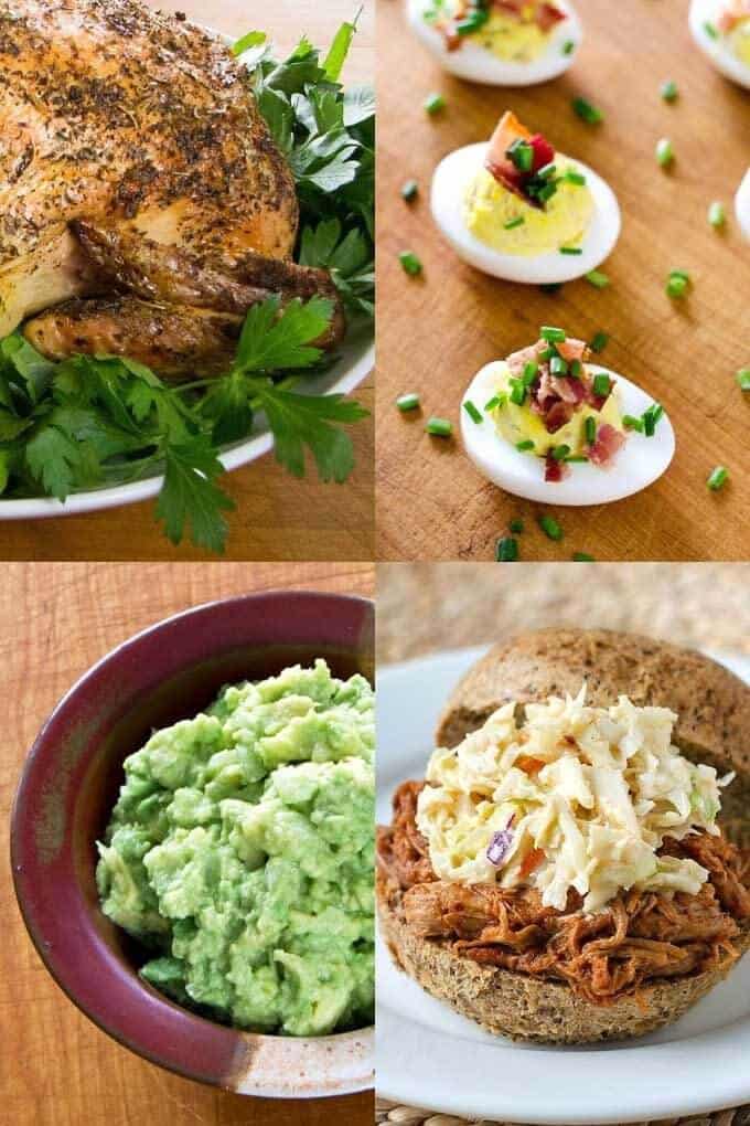 Keto chicken, deviled eggs, guacamole, pulled pork